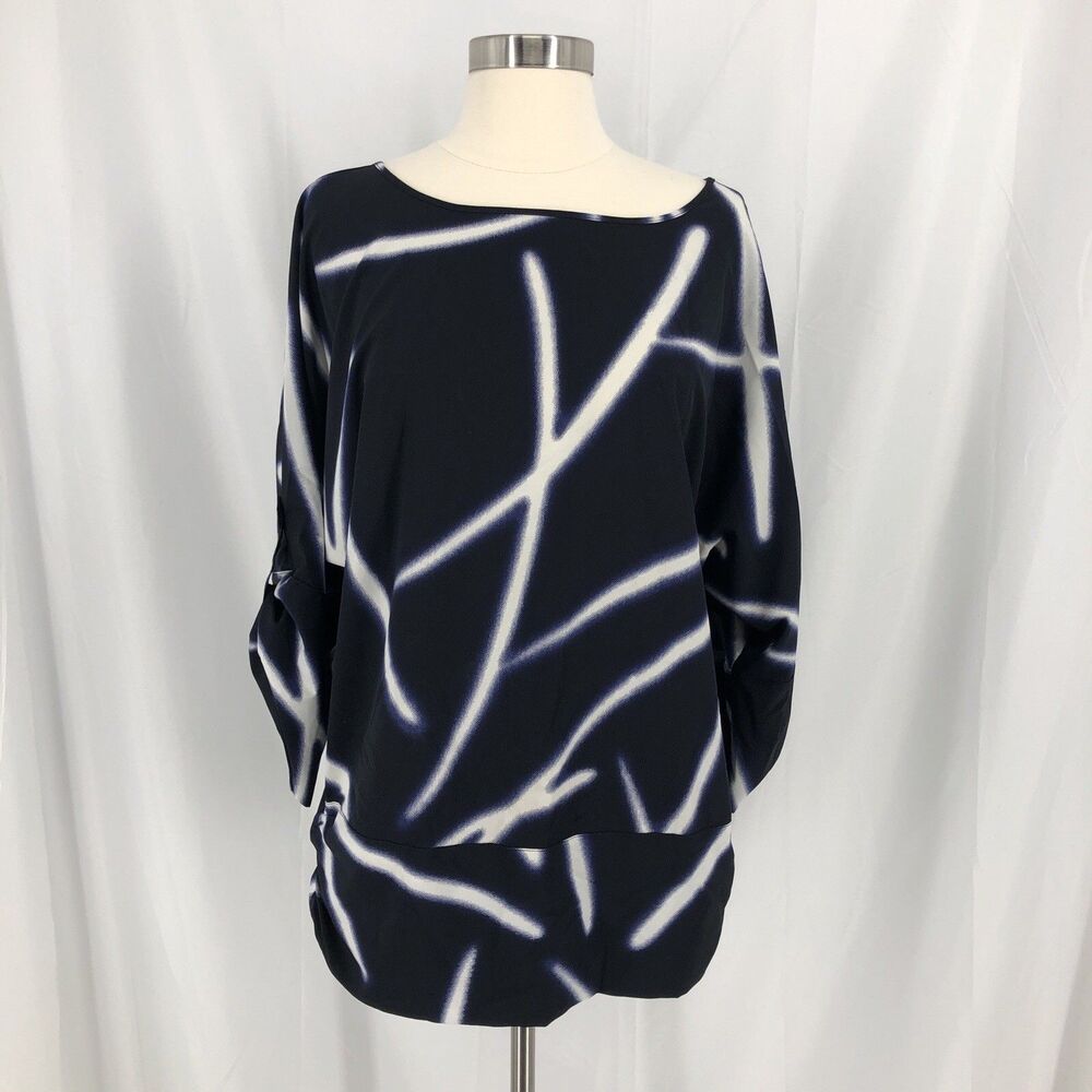 Chico's Women's Navy Blue Black Blouse Roll Tab Sleeve Size 1 Top